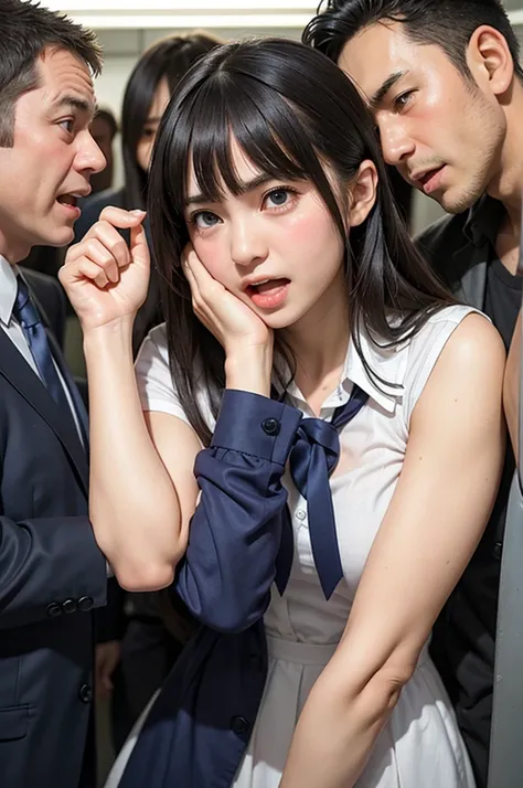 a very beautiful, young-faced female student in school uniform trying to escape from middle-aged men, a beautiful woman, she is ...