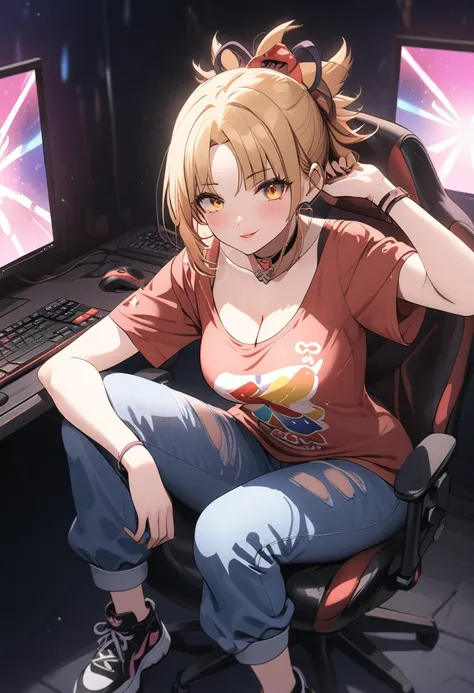 a gamer girl in a graphic tee, baggy jeans, and stylish sneakers, beautiful detailed eyes, beautiful detailed lips, extremely de...