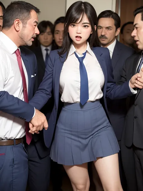 a very beautiful, young-faced female student in school uniform trying to escape from middle-aged men, a beautiful woman, she is ...