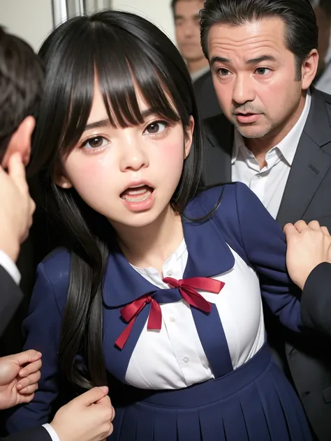 a very beautiful, young-faced female student in school uniform trying to escape from middle-aged men, a beautiful woman, she is ...