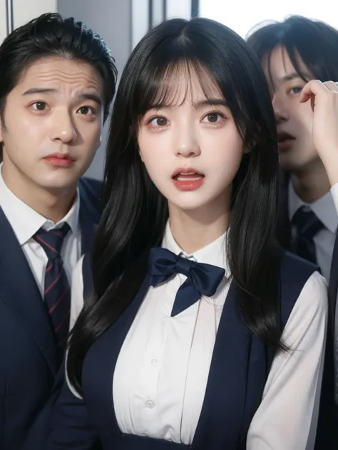 A very beautiful, young-faced female student in school uniform trying to escape from middle-aged men, A beautiful woman, She is captured by horny middle-aged men and gang-molested., With a distorted expression on his face, he screams with his mouth open, r...