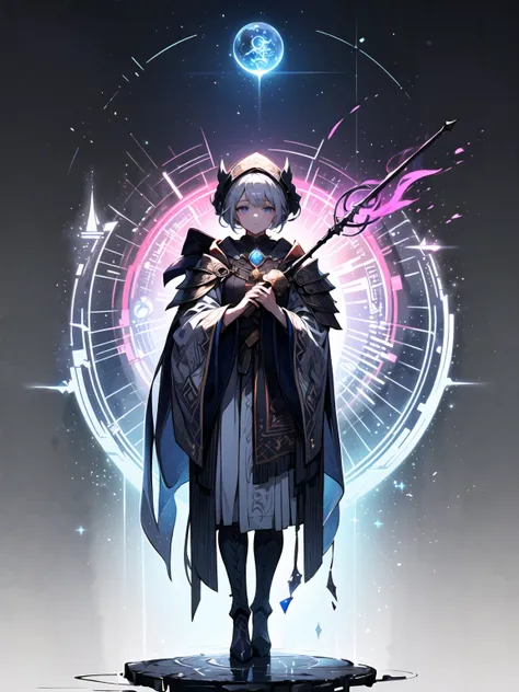 (((masterpiece, best quality, high detailed, 16k))) (1girl) A captivating sorceress with an aura of mystical power, adorned in elegant mage robes interwoven with intricate armor pieces. Her robes are deep purple with silver embroidery, inscribed with ancie...