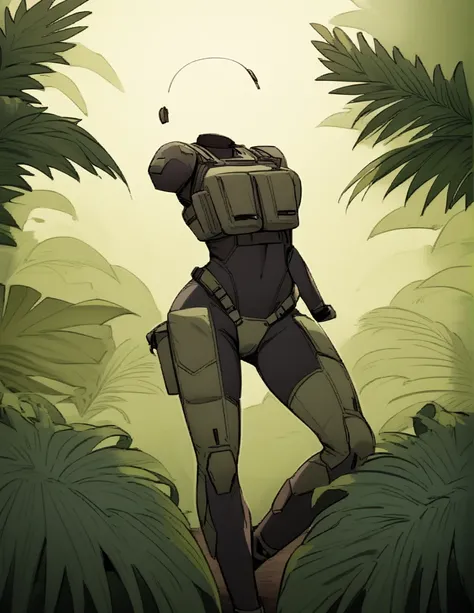 "An invisible female soldier in a tactical combat suit, standing in a dense jungle at twilight. Her outline is barely noticeable due to advanced cloaking technology that bends light around her form. Only subtle distortions in the air and the faint glint of...