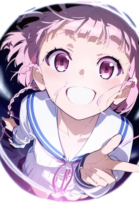 1，dark pink braids，sailor suit，umbilical cord，smile，squint，happiness，aoi，single，wind，influence，fisheye lens，movie lighting，blush...