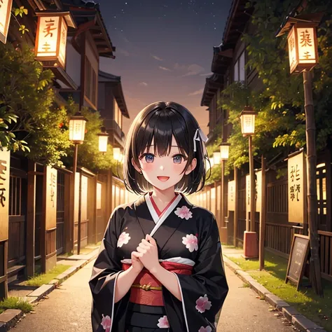 (Best Quality)、(One high school girl)、Short black hair、Open your mouth、smile、blush、(Small breasts)、(White ribbon)、(Black Pattern Kimono)、Bamboo forest path at night、Many lanterns