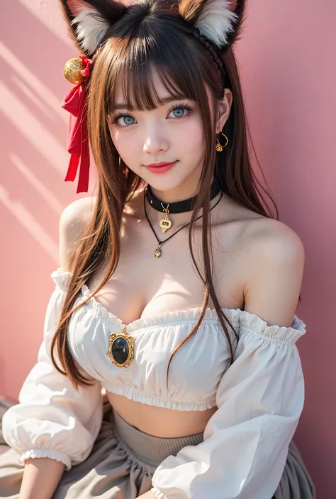 A stunning 8K masterpiece featuring a captivating beauty. She sits confidently, staring directly at the viewer with her piercing blue eyes and bright smile, her long light brown hair adorned with a single braid, ahoge, and crescent-shaped hairpin tied with...