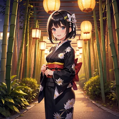 (Best Quality)、(One high school girl)、Short black hair、Open your mouth、smile、blush、(Small breasts)、(White ribbon)、(Black Pattern Kimono)、Bamboo forest path at night、Many lanterns