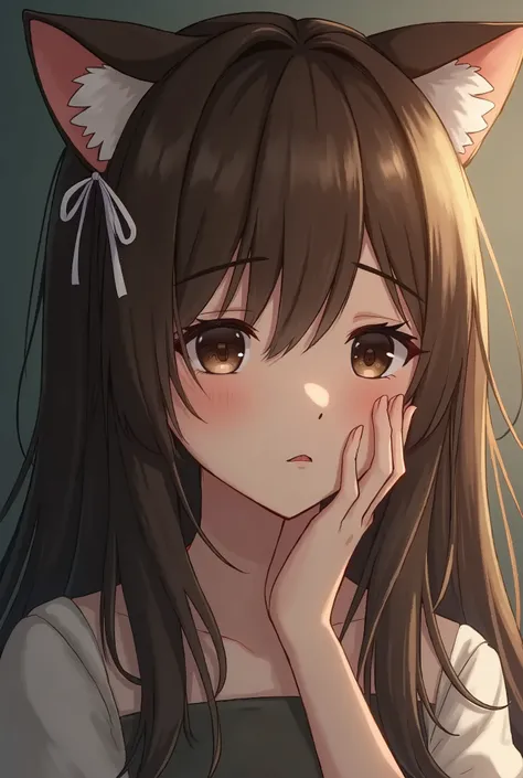 One girl, Long Hair, Look at, Brown Hair, ribbon, とてもLong Hair, tears, Cat ears, 