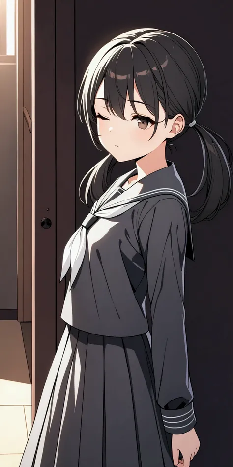 High resolution, 8k, best quality, masterpiece, ultra detailed, anatomically correct, masterpice anime, hentai, game title,
1girl, walking, 15yo, short stature, curiosity face,
(black hair, white ribbons long (low:1.3) tiwntails, dark brown eye:1.2), (eyes...