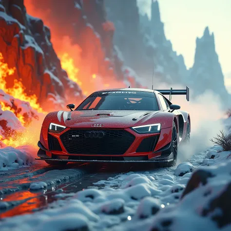 Create a realistic video wallpaper of 20 seconds duration, where a magma Audi rally car drives on the surface of hot lava and an icy BMW drives in the cold, add sparks of fire and snow 