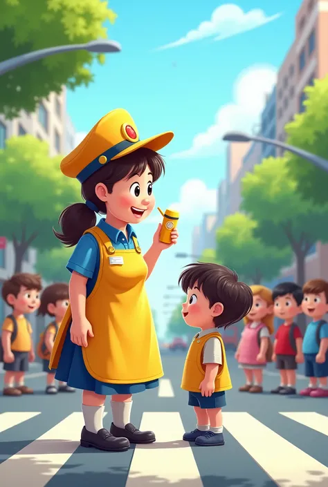 Create a cartoon image 
The traffic lady come to help small students those who were standing in straight line to cross road 
Traffic police lady was wearing large yellow apron like cover, hat, there was whistle with her and she was helping childres to cros...