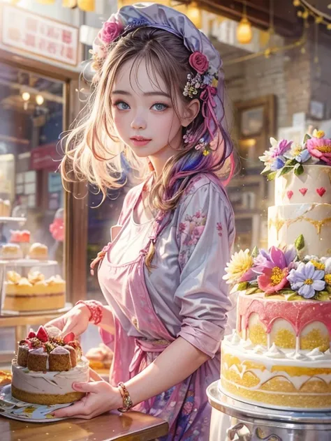 Creative and adorable images，Dream Girlfriend, Dream Lover、Think of us as your partner for life，((She is a simple and hardworking girl from a cake shop.，She has cake，A warm and welcoming smile，Embody the role of a warm and generous saleswoman))。This artist...