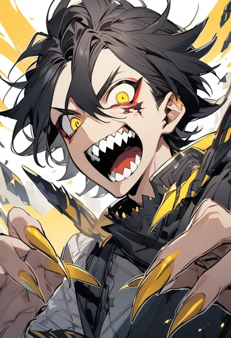 Black haired boy with sharp teeth , sharp nails and yellow eyes 