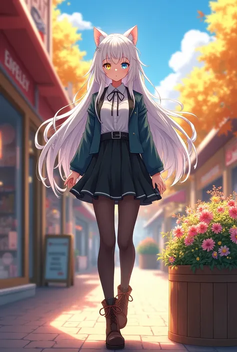 anime style ,One woman,long whitehair, heterochromia,yellow right eye,blue left eye, cat ears,  black stockings,dark brown half leather boots,walking,looking at the viewer,shopping street,daytime,sunny day,solar flare,sardine clouds,autumn wind,planter and...