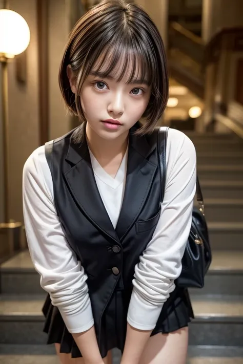 Escalator Skirt、Short coat、(Lower body close-up))、Rear View、((Panty shot))、((Detailed face))、((Symmetrical eyes))、((Detailed eyes))、Very low camera angle、Leaning forward.Panties under skirt.She turned to the cameraman..The pants are tucked into the skirt.D...