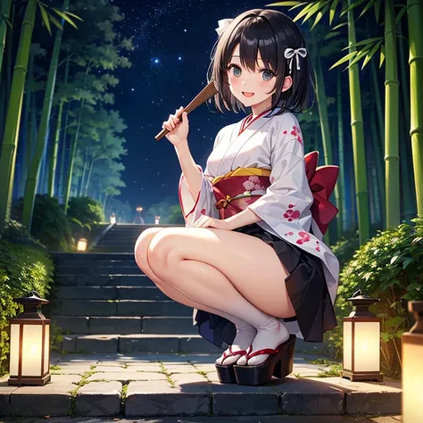 (Best Quality)、(One high school girl)、Short black hair、Open your mouth、smile、blush、(Small breasts)、(White ribbon)、(Black Pattern Kimono)、Holding a fan、squat、Bamboo forest path at night、Cobblestone Stairs、Many lanterns