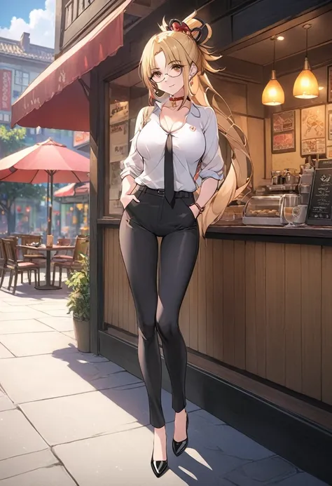 mature woman, long tied black hair, long nose, white polo, black necktie, fitted pants, tall woman, long legs, full body, tall woman, long legs, big , skinny legs, anime cover, 1girl, ear piercings, hands in pockets, adult-like look, cafe background,(xiao ...