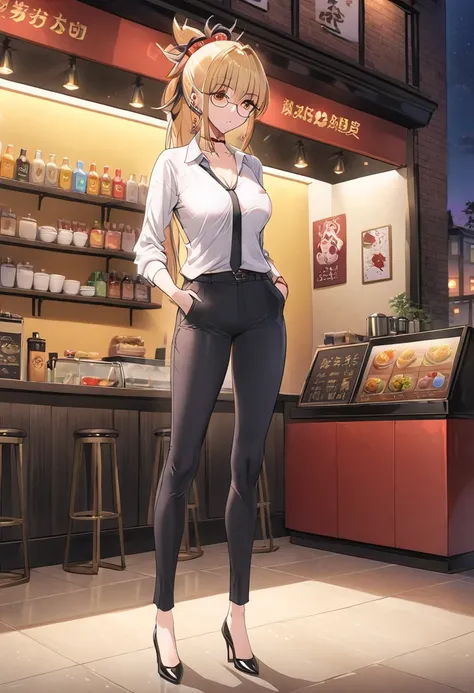 mature woman, long tied black hair, long nose, white polo, black necktie, fitted pants, tall woman, long legs, full body, tall woman, long legs, big , skinny legs, anime cover, 1girl, ear piercings, hands in pockets, adult-like look, cafe background,(xiao ...