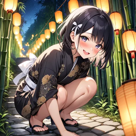 (Best Quality)、(nsfw),(One high school girl)、Short black hair、Open your mouth、smile、blush、(Small breasts)、(White ribbon)、(Black Pattern Kimono)、squat、Urethra、Pee、Bamboo forest path at night、Cobblestone Stairs、Many lanterns