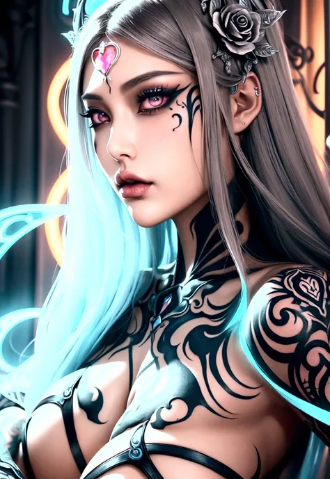 beautiful digital artwork, beautiful digital art, detailed gorgeous face, 10k high quality detailed art, very beautiful digital art, digital art. highly detailed, beautiful detailed body, Create a hyper detailed photograph of a perfectly simetrical tattooe...