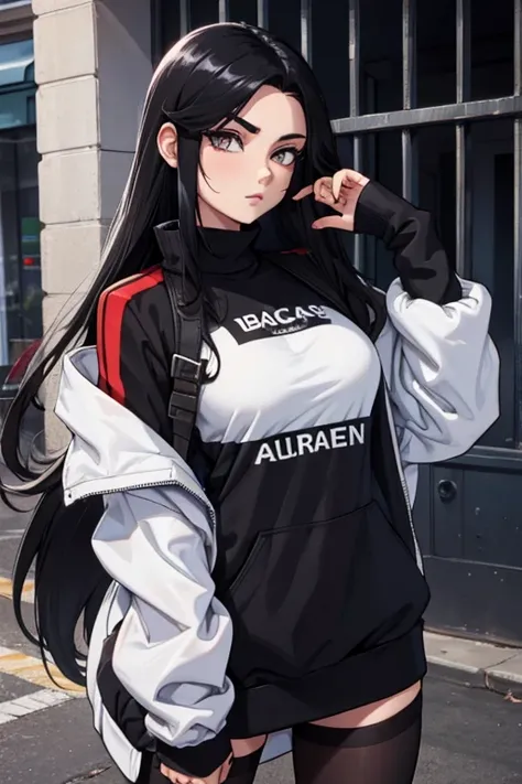 Age 22, White skin girl, , Bblack hair, extremely long hair, , female soldier sweatshirt clothes, short preto, black tights, women&#39;s black tennis shoes, Bblack hair, hair between the eyes, Bblack hair, cloused mouth, range, cabelo bagunçado Bblack hair...