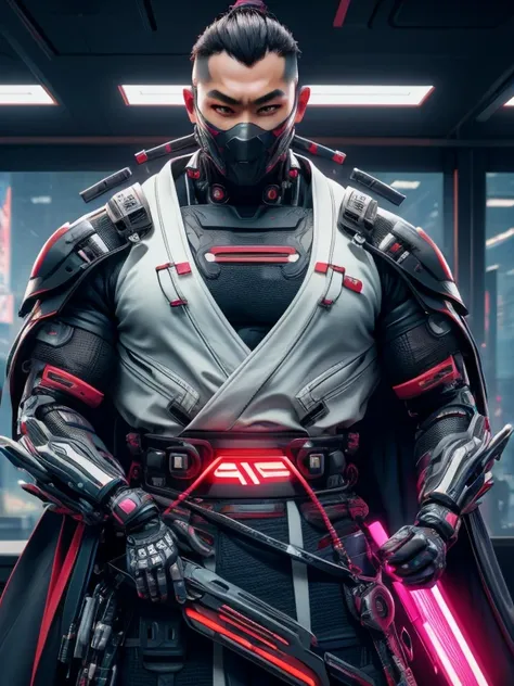 cyberpunk samurai, cyberpunk face enhancement, asian man ,in Japanese armor! white top of kimono siut!, cyberpunk prosthetic arm, cyberpunk face cyberware, male with black hair, cybernetic face enhancement, Xtreme, big muscle, cyberpunk Japanese kimono cot...