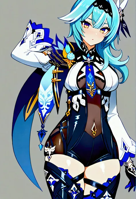 nsfw,masterpiece,Best Quality,High resolution,Very detailed, (Genshin Impact),bangs、Hair Accessories、Hair between the eyes、Blue Hair、Purple eyes、Side Lock、Hairbands、Medium Hair、黒いHairbands、Knee socks、gloves、Long sleeve、tie、黒gloves、Cape、leotard、青tie