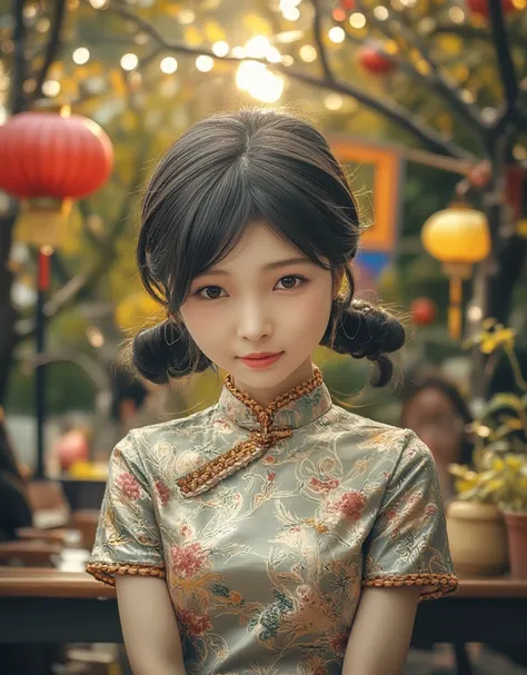 Eyes are very fragile，Double ponytail cheongsam，Chinese New Year Decorations（（Smile artwork）））， （（Best quality））， （（Intricate details））， （（Surrealism））（8K）