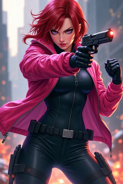 Aus Marvel In Infinity Anime Style Black Widow Fight mit Pistole Cheeky My Evil Pink Jacke mit rosa Zipper 