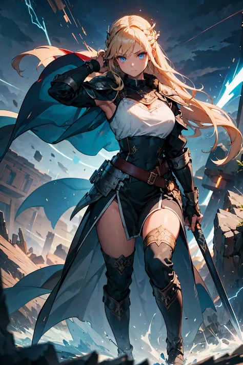 (((masterpiece, best quality, high detailed, 16k))) (1girl) a fierce and powerful viking warrior with flowing blonde hair, braid...