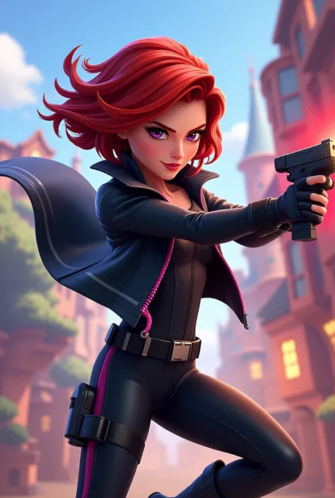 From Marvel In Disney Infinity Style And Anime Black Widow Fight with Gun Cheeky My Evil Black Jacket with Pink Zipper 