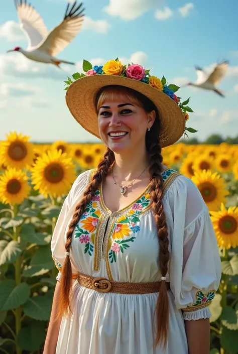 Highly detailed photo, cinematographic style, A woman of plump build smiles against the background of a bright field of sunflowers, wearing a white dress decorated with multicolored floral embroidery in Ukrainian style, and a decorative embroidered woven b...