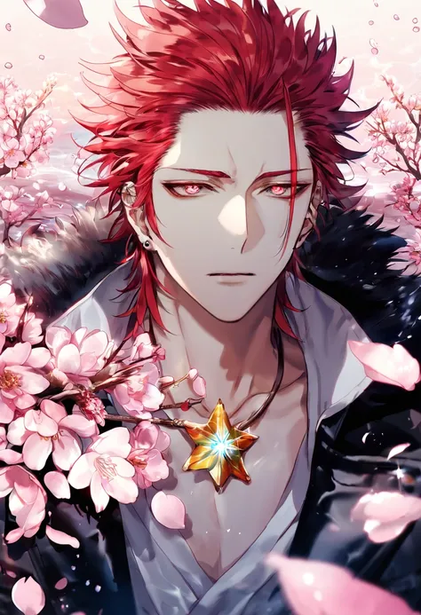 absurdres, highres, ultra detailed, HDR, master piece, Suoh Mikoto, red hair, hair is kept short, ruffled, slicked back and spiked, with two strands of hair near the opposite sides of his head falling over his face, expressive amber eyes, K Project, black ...