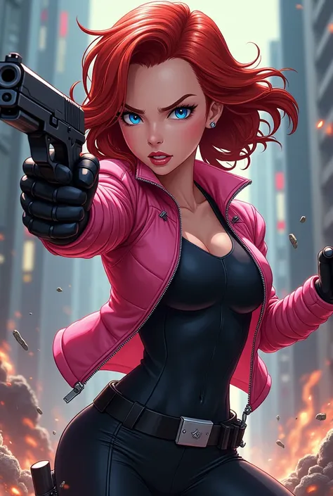 Aus Marvel In Infinity Anime Style Black Widow Fight mit Pistole Cheeky Meine böse rosa Jacket mit rosa Zip