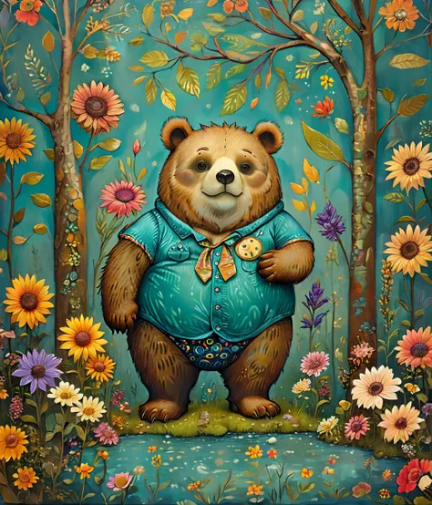 style of julie paschkis, (cute, fat, obese, anthro, male, bear), solo, full body, ((shirt, cyan briefs)), dynamic pose, hires te...