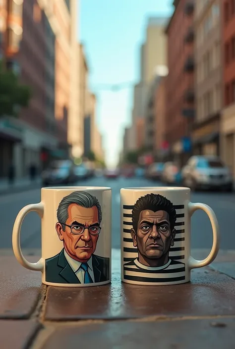 Why did the cup file a police report? Because it got mugged! show me 2 mugs (like humans), one a fancy printed mug and the mug has a print of a middle aged business man and being mugged  by a bad dark looking criminal with prison stripes on the other print...