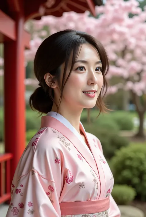 a photo of a serene east-asian woman dressed in a delicate, floral-patterned traditional kimono standing outdoors near a red woo...