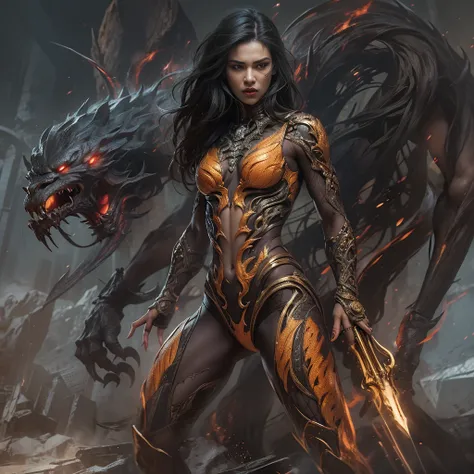 1 female alien, The Predator, (extremely beautiful:1.2), (intense look:1.4), (Predator:1.1), long dark claws, (Not fit for work:0.8), nipples, thick eyebrows, (bright orange eyes:1.2), the most beautiful face in the universe,  Jet black hair, beautiful sym...