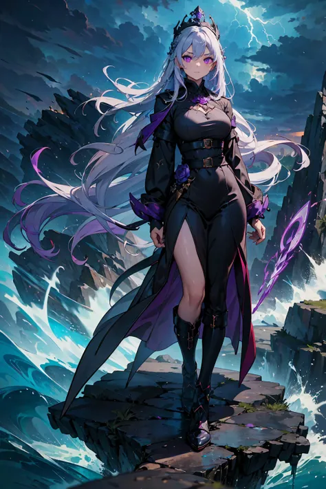 ((masterpiece, best quality, 8k))), mysterious female mage, (full-body), violet dragon silk robes, arcane glow, long wavy violet hair, braided crown, silver streaks, deep amethyst eyes, calm but intimidating expression, standing at the edge of a cliff over...