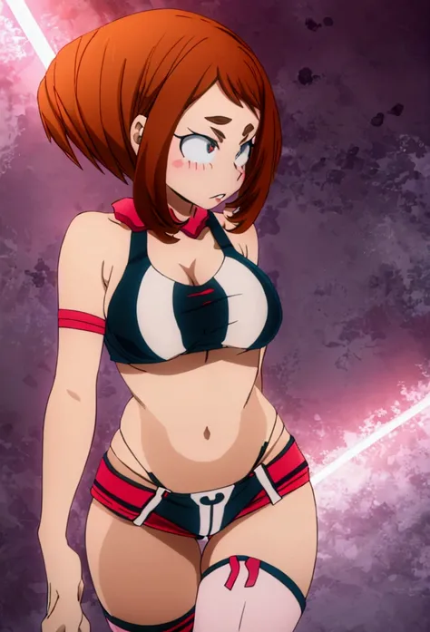 ochaco uraraka,my hero academia,(Wearing),+,(a cheerleader uniform transformed into a seductive lingerie set for a provocative display. The design should feature the signature shorts transformed into micro thong pants, with high legs accentuating my curves...