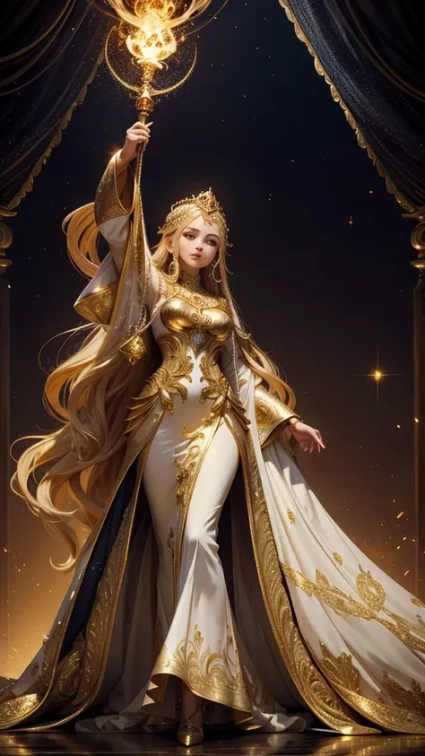 Transform the majestic figure into a cute, chibi character with a 3-heads tall proportion, while maintaining the overall composition. The character retains an elaborate, flowing gown in white and gold, with long golden hair cascading in waves. She wears an...