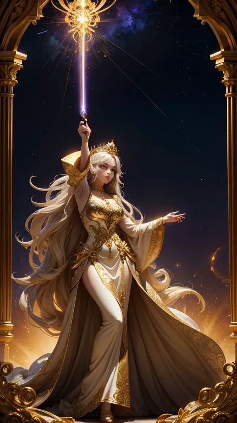 Transform the majestic figure into a cute, chibi character with a 3-heads tall proportion, while maintaining the overall composition. The character retains an elaborate, flowing gown in white and gold, with long golden hair cascading in waves. She wears an...