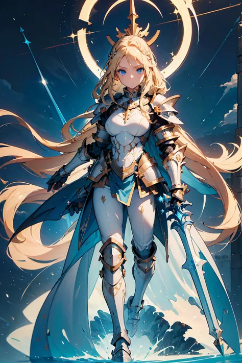 (((masterpiece, best quality, 16k))) female character with long blonde hair and bright blue eyes. she wears a celestial armor in...