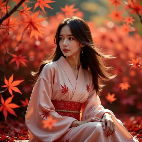 a photorealistic portrait of a young woman dressed in a traditional kimono, sitting gracefully amidst a landscape of vibrant red...