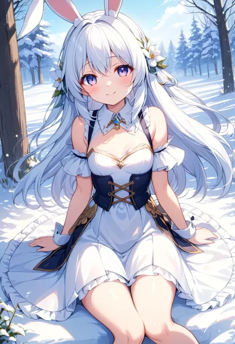 masterpiece, one girl, small breasts.long hair in the snow, wearing a dress, skirt, フレアskirt, smile, anime fantasy, white hair f...