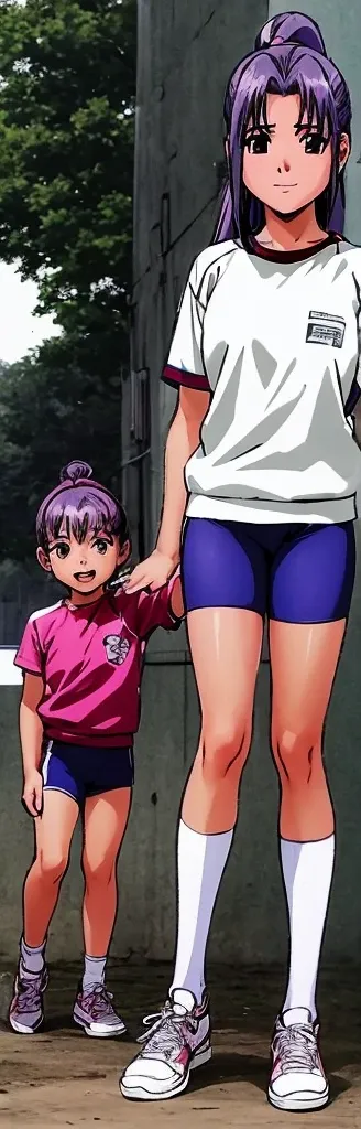 On the right is Momoko Koigakubo, smiling and showing off her beautiful legs in gym clothes.。On the left, a young child in a tracksuit is being held by Momoko Koigakubo.。High image quality。