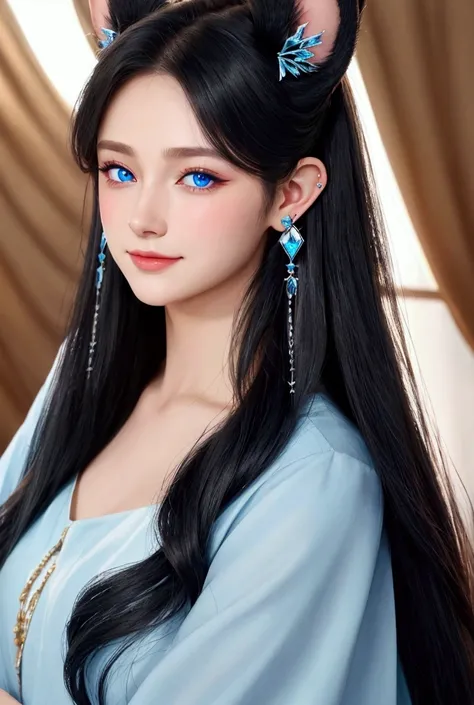 best quality, long hair, Black hair, Hair in front of the ears, earrings, Pointed ears, Blushing, Blue eyes, Happiness, hair decoration, Shine, Lens glare, 