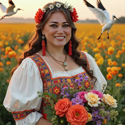 Высокодетализированная photo, cinematic style, beautiful happy plump woman in traditional ukrainian dress, holding a bouquet of flowers, Ukrainian girl, Ukrainian national clothing with embroidery, Ukrainian national costume, Ukraine, professional photo. p...