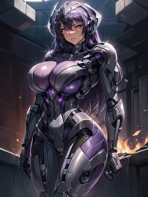 Women, robotic suit, dark metal, voluptuous figure, purple glitter, Purple leotard 