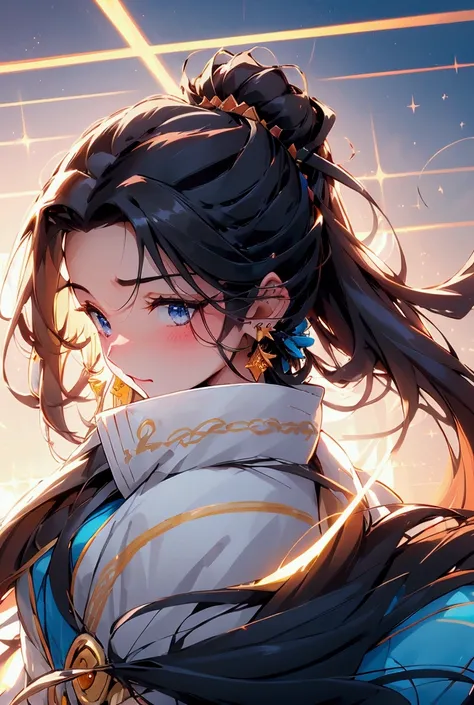 best quality, long hair, Black hair, Hair in front of the ears, earrings, Pointed ears, Blushing, Blue eyes, Happiness, hair decoration, Shine, Lens glare, 